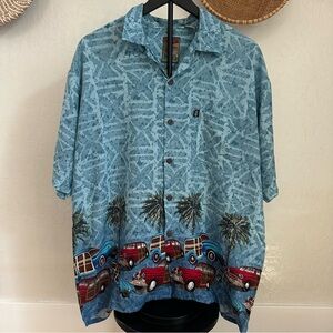 Men’s Pineapple Connection Vintage Woody Wagon/Palm Print Hawaiian Shirt. Large